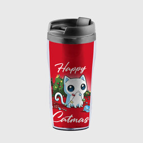 Термокружка-непроливайка с принтом Happy Catmas в городе Новоалтайск, внутренняя часть — пищевой пластик, наружная часть — прозрачный пластик, между ними — полиграфическая вставка с рисунком | объем — 350 мл, герметичная крышка | 2021 | cat | catmas | christmas | happy new year | merry christmas | new year | герлянда | кот | котейка | котики | новый год | праздник | рождество