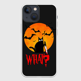 Чехол для iPhone 13 mini с принтом What Cat (Halloween) в городе Новоалтайск,  |  | cat | cats | halloween | moon | what | кот | котенок | коты | котяра | кошак | кошка | летучая | луна | мышь | нож | пушистый | хэллоуин | что
