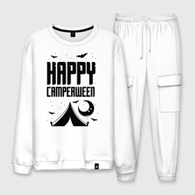 Мужской костюм хлопок с принтом Happy camperween в городе Новоалтайск, 100% хлопок | на свитшоте круглая горловина, мягкая резинка по низу. Брюки заужены к низу, на них два вида карманов: два “обычных” по бокам и два объемных, с клапанами, расположенные ниже линии бедра. Брюки с мягкой трикотажной резинкой на поясе и по низу штанин. В поясе для дополнительного комфорта — широкие завязки | 31 октября | halloween | halowen | ведьма | день всех святых | джек | костюм | кровь | лого | монстр | надпись | праздник | приведение | призрак | светильник | символ | страшная | тыква | ужасы | хеллоуин | хеллуин