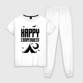 Женская пижама хлопок с принтом Happy camperween в городе Новоалтайск, 100% хлопок | брюки и футболка прямого кроя, без карманов, на брюках мягкая резинка на поясе и по низу штанин | 31 октября | halloween | halowen | ведьма | день всех святых | джек | костюм | кровь | лого | монстр | надпись | праздник | приведение | призрак | светильник | символ | страшная | тыква | ужасы | хеллоуин | хеллуин