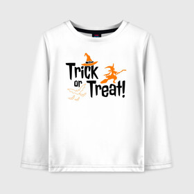 Детский лонгслив хлопок с принтом Trick or Treat! в городе Новоалтайск, 100% хлопок | круглый вырез горловины, полуприлегающий силуэт, длина до линии бедер | 31 октября | halloween | halowen | ведьма | день всех святых | джек | костюм | кровь | лого | монстр | надпись | праздник | приведение | призрак | светильник | символ | страшная | тыква | ужасы | хеллоуин | хеллуин