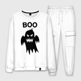 Мужской костюм хлопок с принтом BOO в городе Новоалтайск, 100% хлопок | на свитшоте круглая горловина, мягкая резинка по низу. Брюки заужены к низу, на них два вида карманов: два “обычных” по бокам и два объемных, с клапанами, расположенные ниже линии бедра. Брюки с мягкой трикотажной резинкой на поясе и по низу штанин. В поясе для дополнительного комфорта — широкие завязки | 31 октября | halloween | halowen | ведьма | день всех святых | джек | костюм | кровь | лого | монстр | надпись | праздник | приведение | призрак | светильник | символ | страшная | тыква | ужасы | хеллоуин | хеллуин