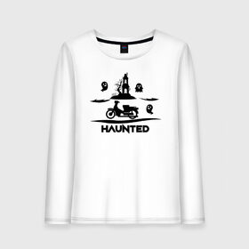 Женский лонгслив хлопок с принтом HAUNTED в городе Новоалтайск, 100% хлопок |  | 31 октября | halloween | halowen | ведьма | день всех святых | джек | костюм | кровь | лого | монстр | надпись | праздник | приведение | призрак | светильник | символ | страшная | тыква | ужасы | хеллоуин | хеллуин