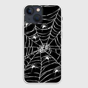 Чехол для iPhone 13 mini с принтом Паутина с пауками в городе Новоалтайск,  |  | black and white | darkness | halloween | horror | night | spider | web | готика | жуки | жуткий | мальчикам | насекомые | нечисть | нити | ночные | ночь | пауки | паутина | подарок | сетка | страшный | темный | тьма | хеллоуин | хоррор
