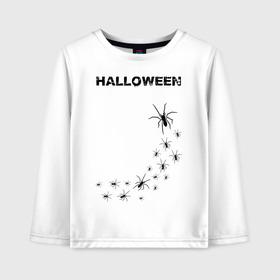 Детский лонгслив хлопок с принтом Halloween в городе Новоалтайск, 100% хлопок | круглый вырез горловины, полуприлегающий силуэт, длина до линии бедер | 31 октября | halloween | halowen | ведьма | день всех святых | джек | костюм | кровь | лого | монстр | надпись | праздник | приведение | призрак | светильник | символ | страшная | тыква | ужасы | хеллоуин | хеллуин