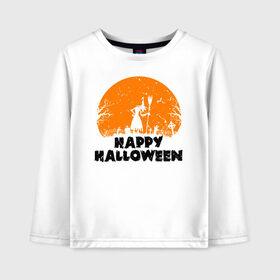 Детский лонгслив хлопок с принтом Happy Halloween в городе Новоалтайск, 100% хлопок | круглый вырез горловины, полуприлегающий силуэт, длина до линии бедер | 31 октября | halloween | halowen | ведьма | день всех святых | джек | костюм | кровь | лого | монстр | надпись | праздник | приведение | призрак | светильник | символ | страшная | тыква | ужасы | хеллоуин | хеллуин