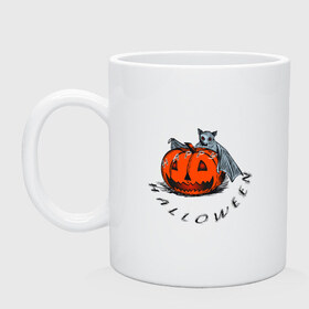 Кружка с принтом Bat and pumpkin-still life в городе Новоалтайск, керамика | объем — 330 мл, диаметр — 80 мм. Принт наносится на бока кружки, можно сделать два разных изображения | helloween | день всех святых | летучая мышь | тыква | хеллуин