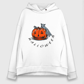 Женское худи Oversize хлопок с принтом Bat and pumpkin-still life в городе Новоалтайск, френч-терри — 70% хлопок, 30% полиэстер. Мягкий теплый начес внутри —100% хлопок | боковые карманы, эластичные манжеты и нижняя кромка, капюшон на магнитной кнопке | helloween | день всех святых | летучая мышь | тыква | хеллуин