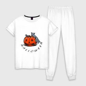 Женская пижама хлопок с принтом Bat and pumpkin-still life в городе Новоалтайск, 100% хлопок | брюки и футболка прямого кроя, без карманов, на брюках мягкая резинка на поясе и по низу штанин | helloween | день всех святых | летучая мышь | тыква | хеллуин
