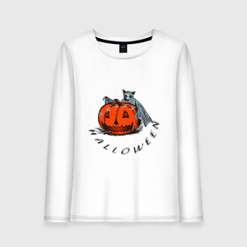 Женский лонгслив хлопок с принтом Bat and pumpkin-still life в городе Новоалтайск, 100% хлопок |  | helloween | день всех святых | летучая мышь | тыква | хеллуин