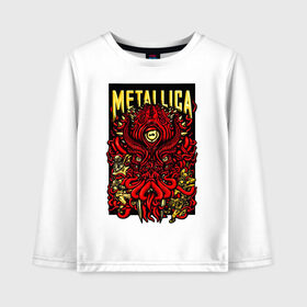 Детский лонгслив хлопок с принтом Metallica в городе Новоалтайск, 100% хлопок | круглый вырез горловины, полуприлегающий силуэт, длина до линии бедер | fangs | group | horns | metallica | neon | octopus | thrash metal | группа | клыки | неон | рога | спрут | трэш металл