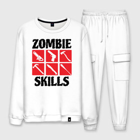 Мужской костюм хлопок с принтом Zombie skills в городе Новоалтайск, 100% хлопок | на свитшоте круглая горловина, мягкая резинка по низу. Брюки заужены к низу, на них два вида карманов: два “обычных” по бокам и два объемных, с клапанами, расположенные ниже линии бедра. Брюки с мягкой трикотажной резинкой на поясе и по низу штанин. В поясе для дополнительного комфорта — широкие завязки | 31 октября | halloween | halowen | ведьма | день всех святых | джек | костюм | кровь | лого | монстр | надпись | праздник | приведение | призрак | светильник | символ | страшная | тыква | ужасы | хеллоуин | хеллуин