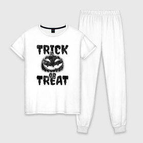 Женская пижама хлопок с принтом Trick or treat в городе Новоалтайск, 100% хлопок | брюки и футболка прямого кроя, без карманов, на брюках мягкая резинка на поясе и по низу штанин | 31 октября | halloween | halowen | ведьма | день всех святых | джек | костюм | кровь | лого | монстр | надпись | праздник | приведение | призрак | светильник | символ | страшная | тыква | ужасы | хеллоуин | хеллуин