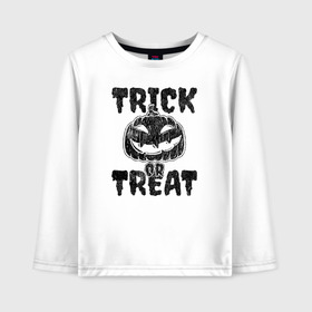 Детский лонгслив хлопок с принтом Trick or treat в городе Новоалтайск, 100% хлопок | круглый вырез горловины, полуприлегающий силуэт, длина до линии бедер | 31 октября | halloween | halowen | ведьма | день всех святых | джек | костюм | кровь | лого | монстр | надпись | праздник | приведение | призрак | светильник | символ | страшная | тыква | ужасы | хеллоуин | хеллуин