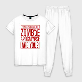 Женская пижама хлопок с принтом Zombie APOCALYPSE в городе Новоалтайск, 100% хлопок | брюки и футболка прямого кроя, без карманов, на брюках мягкая резинка на поясе и по низу штанин | 31 октября | halloween | halowen | ведьма | день всех святых | джек | костюм | кровь | лого | монстр | надпись | праздник | приведение | призрак | светильник | символ | страшная | тыква | ужасы | хеллоуин | хеллуин