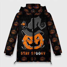 Женская зимняя куртка 3D с принтом Halloween в городе Новоалтайск, верх — 100% полиэстер; подкладка — 100% полиэстер; утеплитель — 100% полиэстер | длина ниже бедра, силуэт Оверсайз. Есть воротник-стойка, отстегивающийся капюшон и ветрозащитная планка. 

Боковые карманы с листочкой на кнопках и внутренний карман на молнии | 31 октября | halloween | halowen | ведьма | день всех святых | джек | костюм | кровь | лого | монстр | надпись | праздник | приведение | призрак | светильник | символ | страшная | тыква | ужасы | хеллоуин | хеллуин
