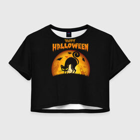 Женская футболка Crop-top 3D с принтом Helloween в городе Новоалтайск, 100% полиэстер | круглая горловина, длина футболки до линии талии, рукава с отворотами | halloween | ведьма | летучая мышь | полнолуние | привидение | призрак | тыква | хеллоуин | хелуин | хэллоин | хэллоуин | хэлоуин | хэлуин | черный кот