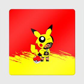 Магнит виниловый Квадрат с принтом Brawl stars/Leon pikachu в городе Новоалтайск, полимерный материал с магнитным слоем | размер 9*9 см, закругленные углы | Тематика изображения на принте: crow | mortis | pika pika | pokemon go | surge | биби | бравл старс | бравлер | герои | девочкам | детям | джесси | леон пикачу | логотипы игр | малыш | мальчикам | милый | нита | пика пика | пикачу | покебол | покемон