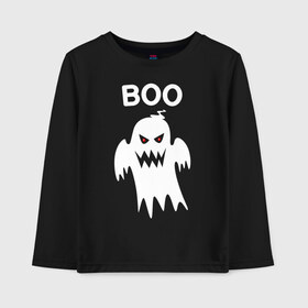 Детский лонгслив хлопок с принтом BOO в городе Новоалтайск, 100% хлопок | круглый вырез горловины, полуприлегающий силуэт, длина до линии бедер | 31 октября | halloween | halowen | ведьма | день всех святых | джек | костюм | кровь | лого | монстр | надпись | праздник | приведение | призрак | светильник | символ | страшная | тыква | ужасы | хеллоуин | хеллуин