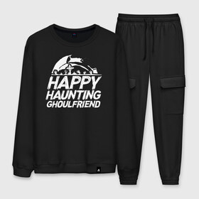 Мужской костюм хлопок с принтом Happy Haunting Ghoulfriend в городе Новоалтайск, 100% хлопок | на свитшоте круглая горловина, мягкая резинка по низу. Брюки заужены к низу, на них два вида карманов: два “обычных” по бокам и два объемных, с клапанами, расположенные ниже линии бедра. Брюки с мягкой трикотажной резинкой на поясе и по низу штанин. В поясе для дополнительного комфорта — широкие завязки | 31 октября | halloween | halowen | ведьма | день всех святых | джек | костюм | кровь | лого | монстр | надпись | праздник | приведение | призрак | светильник | символ | страшная | тыква | ужасы | хеллоуин | хеллуин
