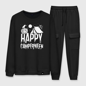 Мужской костюм хлопок с принтом Happy camperween в городе Новоалтайск, 100% хлопок | на свитшоте круглая горловина, мягкая резинка по низу. Брюки заужены к низу, на них два вида карманов: два “обычных” по бокам и два объемных, с клапанами, расположенные ниже линии бедра. Брюки с мягкой трикотажной резинкой на поясе и по низу штанин. В поясе для дополнительного комфорта — широкие завязки | 31 октября | halloween | halowen | ведьма | день всех святых | джек | костюм | кровь | лого | монстр | надпись | праздник | приведение | призрак | светильник | символ | страшная | тыква | ужасы | хеллоуин | хеллуин