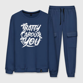 Мужской костюм хлопок с принтом Batty about you в городе Новоалтайск, 100% хлопок | на свитшоте круглая горловина, мягкая резинка по низу. Брюки заужены к низу, на них два вида карманов: два “обычных” по бокам и два объемных, с клапанами, расположенные ниже линии бедра. Брюки с мягкой трикотажной резинкой на поясе и по низу штанин. В поясе для дополнительного комфорта — широкие завязки | 31 октября | halloween | halowen | ведьма | день всех святых | джек | костюм | кровь | лого | монстр | надпись | праздник | приведение | призрак | светильник | символ | страшная | тыква | ужасы | хеллоуин | хеллуин