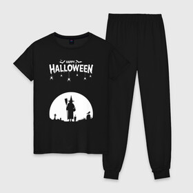 Женская пижама хлопок с принтом Happy Halloween в городе Новоалтайск, 100% хлопок | брюки и футболка прямого кроя, без карманов, на брюках мягкая резинка на поясе и по низу штанин | 31 октября | halloween | halowen | ведьма | день всех святых | джек | костюм | кровь | лого | монстр | надпись | праздник | приведение | призрак | светильник | символ | страшная | тыква | ужасы | хеллоуин | хеллуин