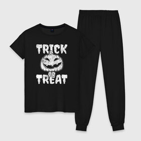 Женская пижама хлопок с принтом Trick or treat в городе Новоалтайск, 100% хлопок | брюки и футболка прямого кроя, без карманов, на брюках мягкая резинка на поясе и по низу штанин | 31 октября | halloween | halowen | ведьма | день всех святых | джек | костюм | кровь | лого | монстр | надпись | праздник | приведение | призрак | светильник | символ | страшная | тыква | ужасы | хеллоуин | хеллуин