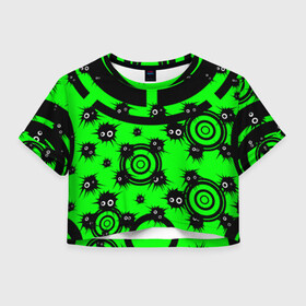 Женская футболка Crop-top 3D с принтом КОЛЮЧКИ в городе Новоалтайск, 100% полиэстер | круглая горловина, длина футболки до линии талии, рукава с отворотами | абстракция | геометрия | глаз | глаза | глазастый | дырки | киберпанк | колючки | отверстия | паттерн | полукруги | смайл | узор | черно