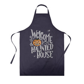 Фартук 3D с принтом Halloween. Haunted house. в городе Новоалтайск, 100% полиэстер | общий размер — 65 х 85 см, ширина нагрудника — 26 см, горловина — 53 см, длина завязок — 54 см, общий обхват в поясе — 173 см. Принт на завязках и на горловине наносится с двух сторон, на основной части фартука — только с внешней стороны | 31 октября | halloween | purple | scary | to the haunted house | welcome | буквы | день всех святых | дом с привидениями | каллиграфия | леттеринг | надпись | октябрь | осень | праздник | привидение | призрак | тыква | ужас