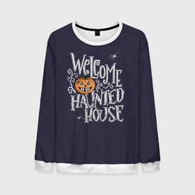 Мужской свитшот 3D с принтом Halloween. Haunted house. в городе Новоалтайск, 100% полиэстер с мягким внутренним слоем | круглый вырез горловины, мягкая резинка на манжетах и поясе, свободная посадка по фигуре | 31 октября | halloween | purple | scary | to the haunted house | welcome | буквы | день всех святых | дом с привидениями | каллиграфия | леттеринг | надпись | октябрь | осень | праздник | привидение | призрак | тыква | ужас