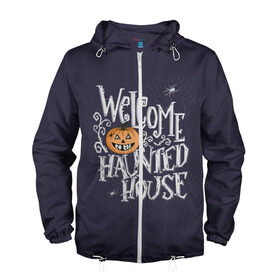 Мужская ветровка 3D с принтом Halloween. Haunted house. в городе Новоалтайск, 100% полиэстер | подол и капюшон оформлены резинкой с фиксаторами, два кармана без застежек по бокам, один потайной карман на груди | 31 октября | halloween | purple | scary | to the haunted house | welcome | буквы | день всех святых | дом с привидениями | каллиграфия | леттеринг | надпись | октябрь | осень | праздник | привидение | призрак | тыква | ужас