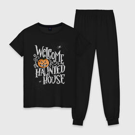 Женская пижама хлопок с принтом Welcome to the haunted house в городе Новоалтайск, 100% хлопок | брюки и футболка прямого кроя, без карманов, на брюках мягкая резинка на поясе и по низу штанин | 31 октября | halloween | purple | scary | to the haunted house | welcome | буквы | день всех святых | дом с привидениями | каллиграфия | леттеринг | надпись | октябрь | осень | праздник | привидение | призрак | тыква | ужас