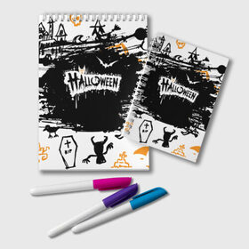 Блокнот с принтом HALLOWEEN в городе Новоалтайск, 100% бумага | 48 листов, плотность листов — 60 г/м2, плотность картонной обложки — 250 г/м2. Листы скреплены удобной пружинной спиралью. Цвет линий — светло-серый
 | bones | ghost | halloween | pumpkin | skull | кости | летучие мыши | приведение | призрак | скелет | тыква | хеллоуин | хоррор | хэллоуин