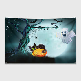 Флаг-баннер с принтом HALLOWEEN в городе Новоалтайск, 100% полиэстер | размер 67 х 109 см, плотность ткани — 95 г/м2; по краям флага есть четыре люверса для крепления | bones | ghost | halloween | pumpkin | skull | кости | летучие мыши | приведение | призрак | скелет | тыква | хеллоуин | хоррор | хэллоуин