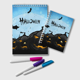 Блокнот с принтом HALLOWEEN в городе Новоалтайск, 100% бумага | 48 листов, плотность листов — 60 г/м2, плотность картонной обложки — 250 г/м2. Листы скреплены удобной пружинной спиралью. Цвет линий — светло-серый
 | bones | ghost | halloween | pumpkin | skull | кости | летучие мыши | приведение | призрак | скелет | тыква | хеллоуин | хоррор | хэллоуин