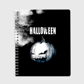 Тетрадь с принтом Halloween в городе Новоалтайск, 100% бумага | 48 листов, плотность листов — 60 г/м2, плотность картонной обложки — 250 г/м2. Листы скреплены сбоку удобной пружинной спиралью. Уголки страниц и обложки скругленные. Цвет линий — светло-серый
 | 31 октября | halloween | halowen | ведьма | день всех святых | джек | костюм | кровь | лого | монстр | надпись | праздник | приведение | призрак | светильник | символ | страшная | тыква | ужасы | хеллоуин | хеллуин
