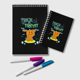 Блокнот с принтом Trick or treat в городе Новоалтайск, 100% бумага | 48 листов, плотность листов — 60 г/м2, плотность картонной обложки — 250 г/м2. Листы скреплены удобной пружинной спиралью. Цвет линий — светло-серый
 | Тематика изображения на принте: 31 октября | halloween | halowen | ведьма | день всех святых | джек | костюм | кровь | лого | монстр | надпись | праздник | приведение | призрак | светильник | символ | страшная | тыква | ужасы | хеллоуин | хеллуин