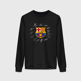 Женский свитшот хлопок с принтом FC BARCELONA АВТОГРАФЫ ИГРОКОВ в городе Новоалтайск, 100% хлопок | прямой крой, круглый вырез, на манжетах и по низу широкая трикотажная резинка  | barselona fc | fifa | lionel messi. | барса | барселона | лионель месси | фифа | фк барселона | футбол