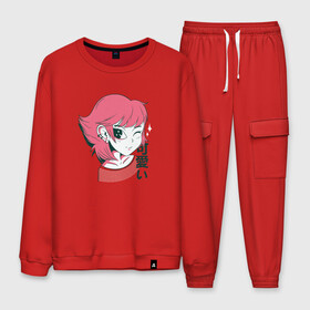 Мужской костюм хлопок с принтом Kawaii Anime Girl в городе Новоалтайск, 100% хлопок | на свитшоте круглая горловина, мягкая резинка по низу. Брюки заужены к низу, на них два вида карманов: два “обычных” по бокам и два объемных, с клапанами, расположенные ниже линии бедра. Брюки с мягкой трикотажной резинкой на поясе и по низу штанин. В поясе для дополнительного комфорта — широкие завязки | cute | fashion | japan | japanese | kanji | manga | pink | style | waifu | вайфу | девочка | девушка | иероглифы | кавай | кавайи | кавайная | кандзи | катакана | манга | милая | подмигивает | розовая | розовые | стиль | тренд | тренды