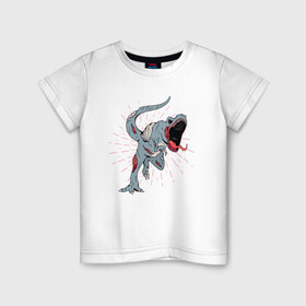 Детская футболка хлопок с принтом Zombie T-Rex в городе Новоалтайск, 100% хлопок | круглый вырез горловины, полуприлегающий силуэт, длина до линии бедер | Тематика изображения на принте: danger | dead | fear | halloween | horror | hunter | monster | predator | бежит | зомбак | зомби | мертвый | монстр | охотник | палеонтолог | палеонтология | ти рекс | тираннозавр | тиранозавр | труп | ужас | хищник | хоррор | чудо
