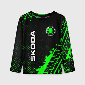 Детский лонгслив 3D с принтом SKODA / Шкода в городе Новоалтайск, 100% полиэстер | длинные рукава, круглый вырез горловины, полуприлегающий силуэт
 | auto | logo | moto | skoda | symbol | авто | автомобиль | гонки | знак | лого | логотип | логотипы | марка | машина | мото | символ | символы | шкода