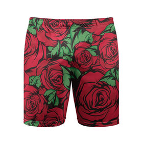 Мужские шорты спортивные с принтом Алые Розы в городе Новоалтайск,  |  | art | fashion | flora | floral | flower | flowers | garden | illustration | red | rose | thorns | арт | букет | бутоны | иллюстрация | красные | лепестки | листья | мода | растения | рисунок | роза | сад | сочные | тренд | флора | флорист | флор