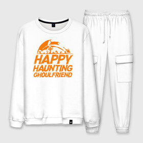 Мужской костюм хлопок с принтом Happy Haunting Ghoulfriend в городе Новоалтайск, 100% хлопок | на свитшоте круглая горловина, мягкая резинка по низу. Брюки заужены к низу, на них два вида карманов: два “обычных” по бокам и два объемных, с клапанами, расположенные ниже линии бедра. Брюки с мягкой трикотажной резинкой на поясе и по низу штанин. В поясе для дополнительного комфорта — широкие завязки | 31 октября | halloween | halowen | ведьма | день всех святых | джек | костюм | кровь | лого | монстр | надпись | праздник | приведение | призрак | светильник | символ | страшная | тыква | ужасы | хеллоуин | хеллуин