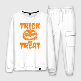 Мужской костюм хлопок с принтом Trick or Treat в городе Новоалтайск, 100% хлопок | на свитшоте круглая горловина, мягкая резинка по низу. Брюки заужены к низу, на них два вида карманов: два “обычных” по бокам и два объемных, с клапанами, расположенные ниже линии бедра. Брюки с мягкой трикотажной резинкой на поясе и по низу штанин. В поясе для дополнительного комфорта — широкие завязки | 31 октября | halloween | halowen | ведьма | день всех святых | джек | костюм | кровь | лого | монстр | надпись | праздник | приведение | призрак | светильник | символ | страшная | тыква | ужасы | хеллоуин | хеллуин