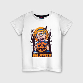 Детская футболка хлопок с принтом I hate halloween в городе Новоалтайск, 100% хлопок | круглый вырез горловины, полуприлегающий силуэт, длина до линии бедер | bat | bats | clerc | human | killer | pumpkin | vampire | zombie | вампир | вурдалак | зомби | интроверт | кладбище | клерк | летучие мыши | мерч | не наш праздник | ненавижу | ненависть | тыква | тыквенная голова | убил | хеллоуи