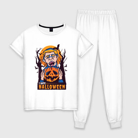 Женская пижама хлопок с принтом I hate halloween в городе Новоалтайск, 100% хлопок | брюки и футболка прямого кроя, без карманов, на брюках мягкая резинка на поясе и по низу штанин | bat | bats | clerc | human | killer | pumpkin | vampire | zombie | вампир | вурдалак | зомби | интроверт | кладбище | клерк | летучие мыши | мерч | не наш праздник | ненавижу | ненависть | тыква | тыквенная голова | убил | хеллоуи