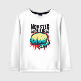 Детский лонгслив хлопок с принтом Monster Club в городе Новоалтайск, 100% хлопок | круглый вырез горловины, полуприлегающий силуэт, длина до линии бедер | blood | bloody | cosplay | first rule | fist | graffity | lettering | mma | parody | yeti | бойцовский | граффити | йети | клуб | клуб монстров | косплей | кровавая | кровь | кулак | леттеринг | никому не говорить | пародия | первое правил