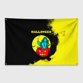 Флаг-баннер с принтом Halloween в городе Новоалтайск, 100% полиэстер | размер 67 х 109 см, плотность ткани — 95 г/м2; по краям флага есть четыре люверса для крепления | 31 октября | halloween | halowen | ведьма | день всех святых | джек | костюм | кровь | лого | монстр | надпись | праздник | приведение | призрак | светильник | символ | страшная | тыква | ужасы | хеллоуин | хеллуин