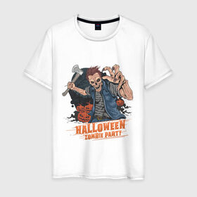 Мужская футболка хлопок с принтом Halloween Zombie Party в городе Новоалтайск, 100% хлопок | прямой крой, круглый вырез горловины, длина до линии бедер, слегка спущенное плечо. | Тематика изображения на принте: art | ax | cross | grave | halloween | man | moon | pumpkin | zombie | арт | зомби | крест | луна | могила | топор | тыква | хэллоуин | хэлуин | человек